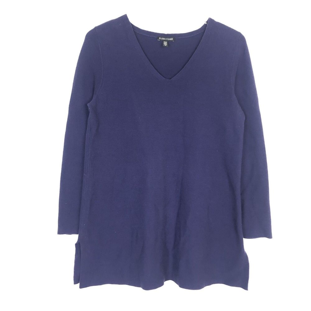 Eileen Fisher 100% Organic Cotton Tunic Sweater V-Neck Side Splits Small